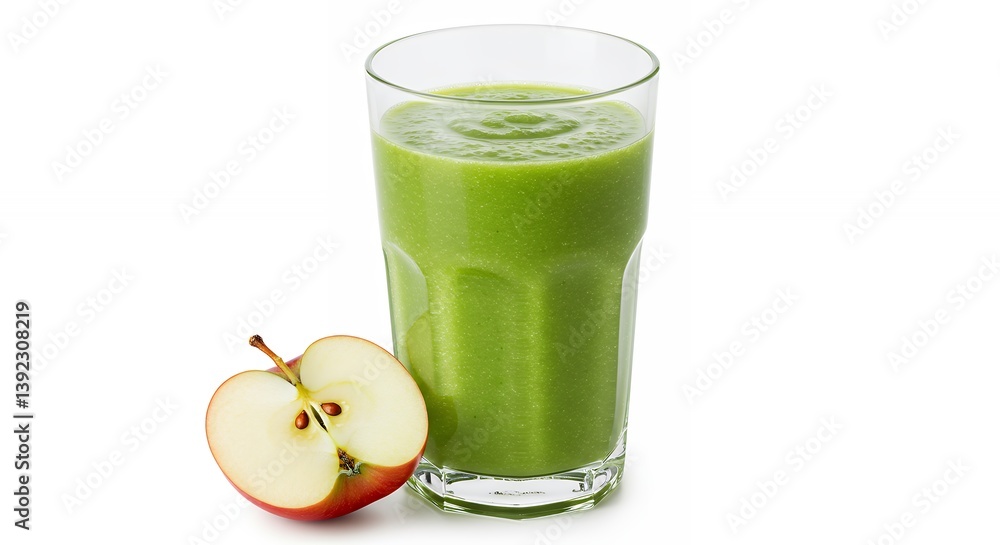 Fresh Green Smoothie in Glass with Apple Half Healthy Drink Fresh Green Smoothie in Glass with Apple Half Healthy Drink