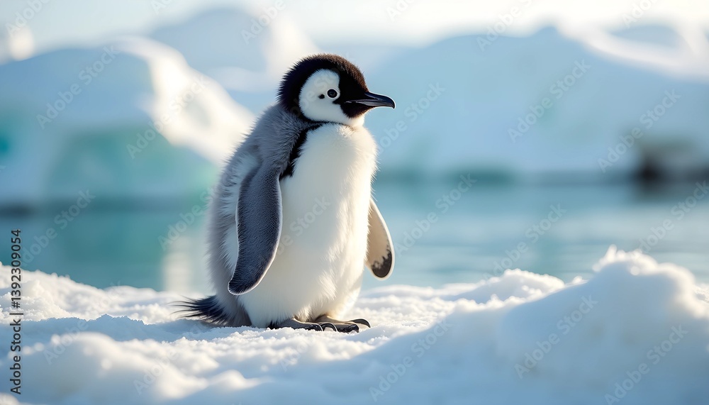 Obraz premium Young penguin chick standing on icy landscape