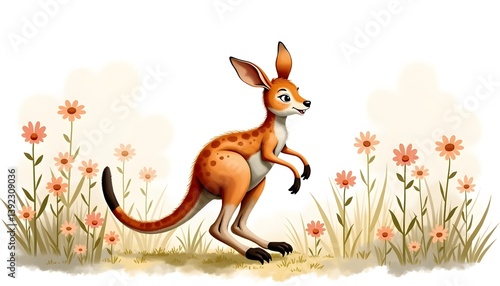 Cute cartoon kangaroo in flower field illustration