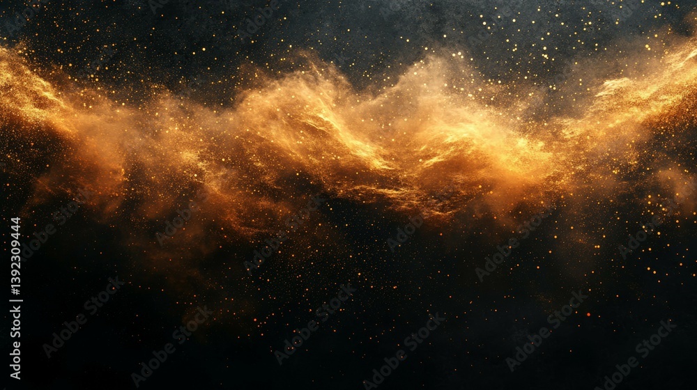 Naklejka premium Golden Dust Cloud Glowing with Sparkling Light on Dark Cosmic Background