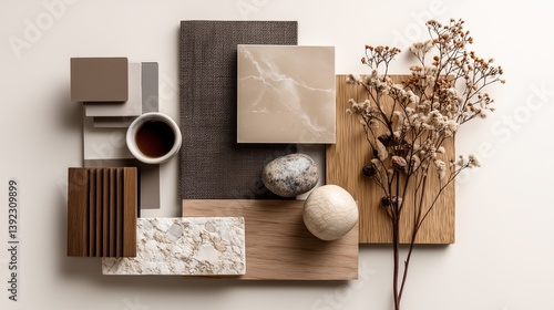 A flat lay of interior design material samples including marble, wood, and stone in neutral and earthy tones, minimalist photography, trending on Pinterest