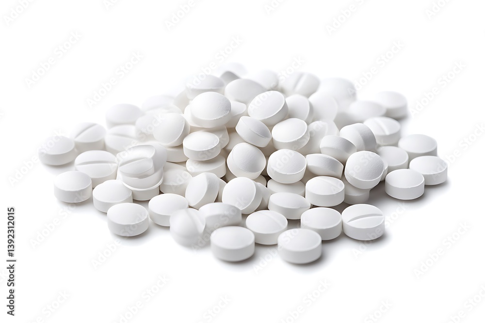 Heap of Plain Round White Pills on White Background Isolated Shot Close Up Heap of Plain Round White Pills on White Background Isolated Shot Close Up