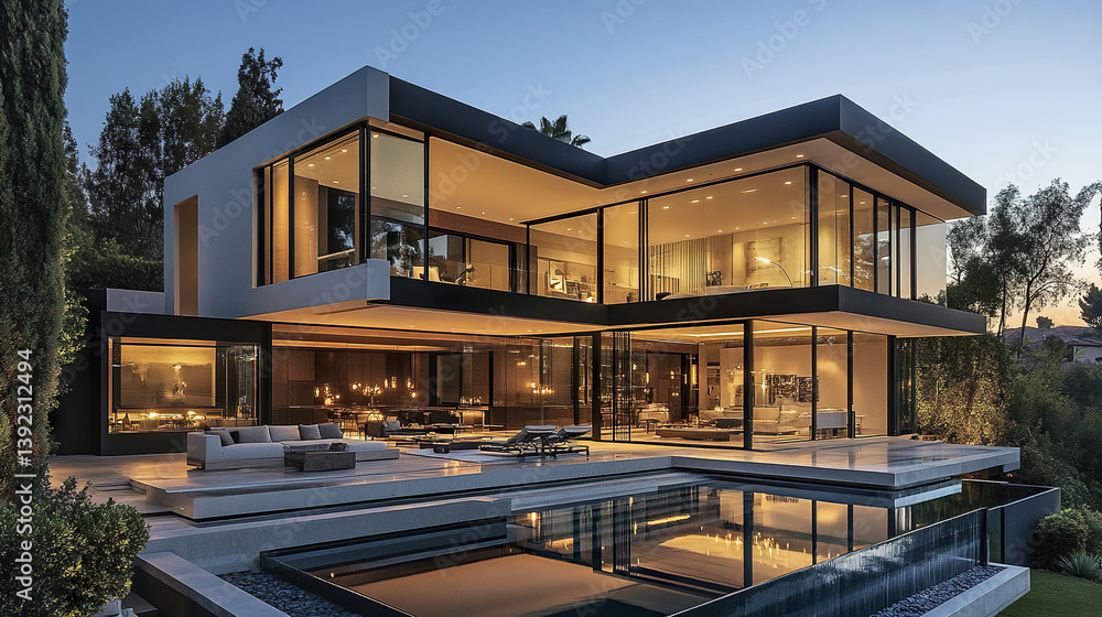Fototapeta premium Modern glass walled house with pool at dusk, exuding luxury and elegance