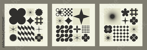 Postmodern geometric square banner set. Abstract composition with vector shapes in brutalism aesthetics. Mosaic of brutal figures in trendy color retro. Futuristic cards with modernist ornament elemen