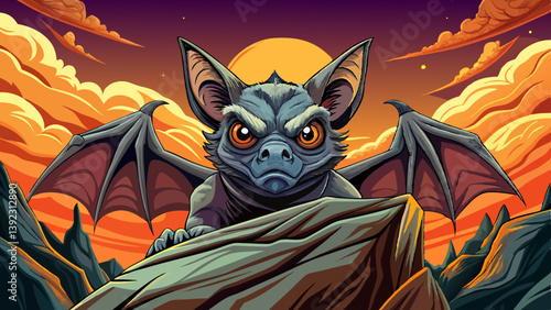 Bat on an alien rock formation desert under a strange colored sky, animal bird banner