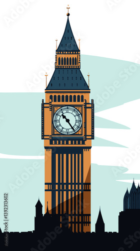 Minimalist Big Ben Clock Tower Vector Illustration in Flat Style