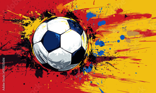 Vibrant Abstract Soccer Ball with Dynamic Paint Splashes and Grungy Background