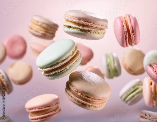 Wallpaper Mural Floating Macarons: A delectable array of vibrant macarons, suspended in mid-air, presenting a colorful spectacle of textures and flavors, perfect for evoking a sense of culinary delight. Torontodigital.ca