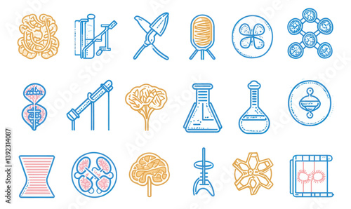 Bioengineering Linear Icon Set: Biomaterials, Bioreactors, and Nanotechnology Concepts