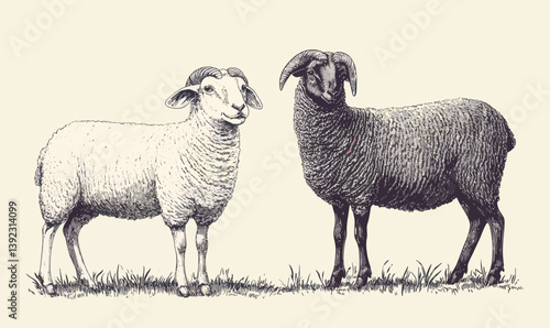 Vintage Engraving of Ram and Lamb Farm Animals in Minimalist Vector Style
