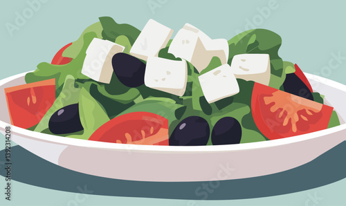 Fresh Mediterranean Salad with Feta Cheese, Tomatoes, and Olives in Minimalist Vector Art