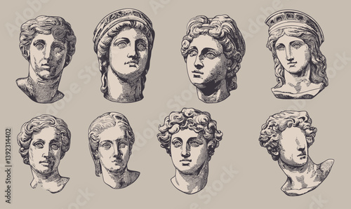 Antique Greek Statue Heads Engraving Vector Illustration Pack for Art and Design