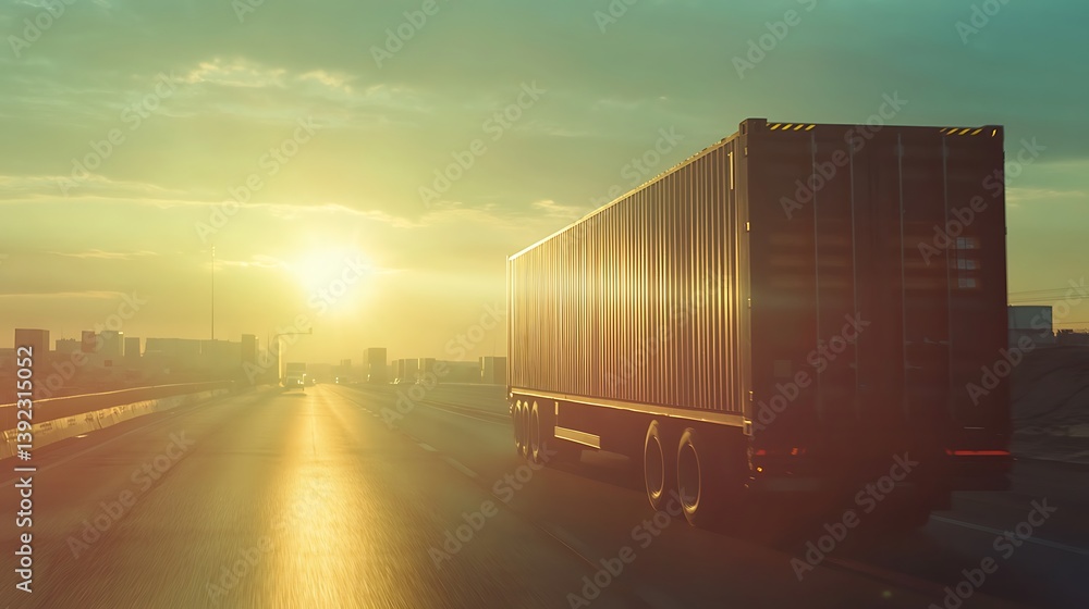 Obraz premium Transport Truck on Highway at Sunset, Cargo Container Delivery, Transportation, Speed