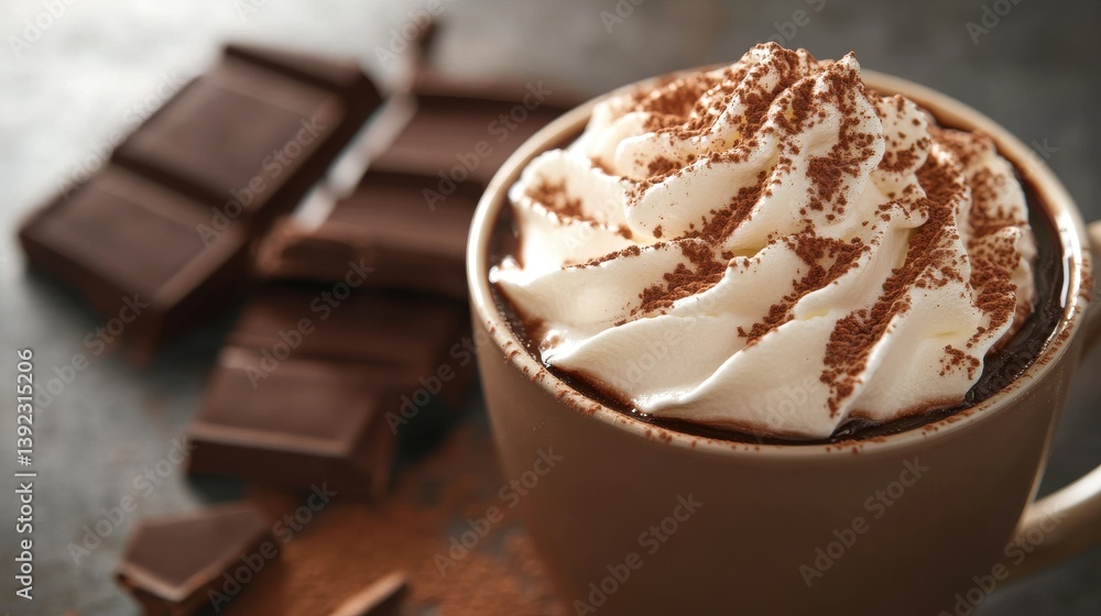 Rich hot chocolate topped with whipped cream and cocoa, surrounded by chocolate pieces Rich hot chocolate topped with whipped cream and cocoa, surrounded by chocolate pieces