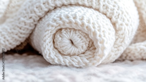 Rolled-up white knitted blankets