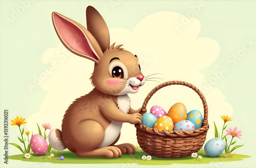Easter holiday, hare with a basket of Easter eggs, Easter bunny and eggs. Illustration