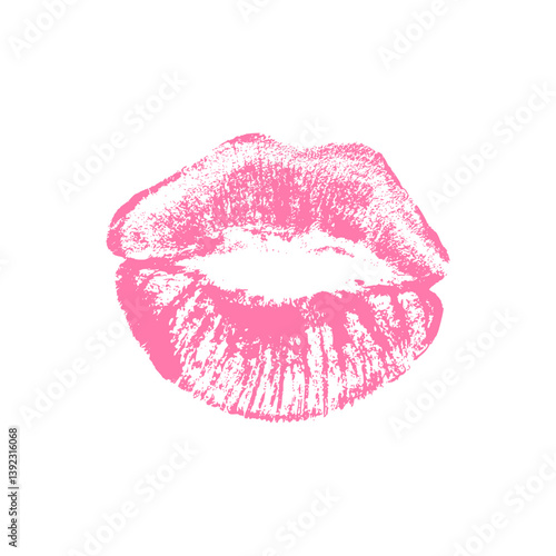 Vector bright pink lipstick kiss print. Sensual female lip imprint on white background.