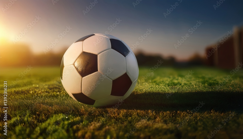 Obraz premium Football on the Field: A classic football rests on lush green grass bathed in warm sunlight. The soccer ball is positioned in a low-angle shot.