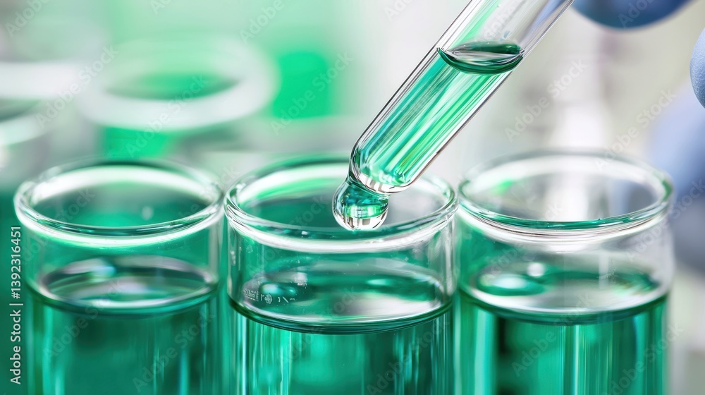 Scientist's hand using pipette adding green liquid into test tubes. Scientist's hand using pipette adding green liquid into test tubes.