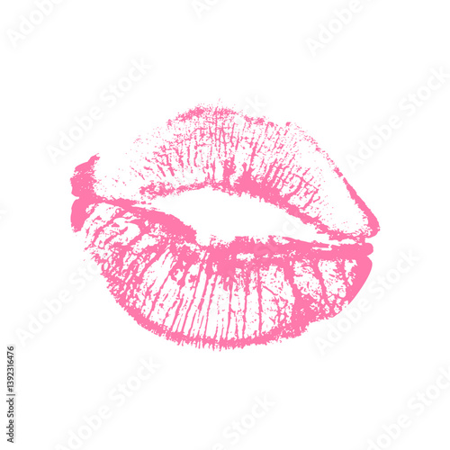 Vector bright pink lipstick kiss print. Sensual female lip imprint on white background.