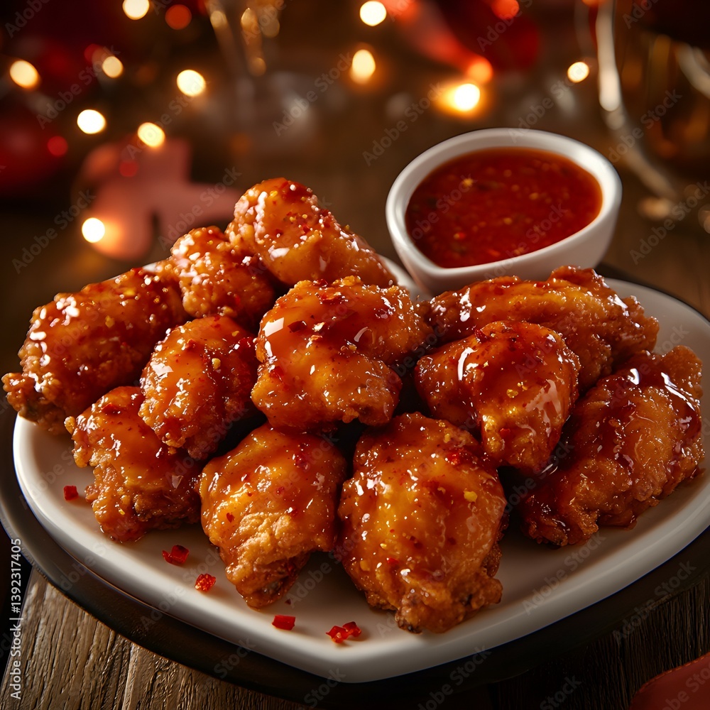 Spicy fried chicken pieces arranged in a 'hug' shape, covered in sweet chili glaze, on a heart-shaped plate with dipping sauce warm glow lighting, fun and spicy comfort food mood. Spicy fried chicken pieces arranged in a 'hug' shape, covered in sweet chili glaze, on a heart-shaped plate with dipping sauce warm glow lighting, fun and spicy comfort food mood.