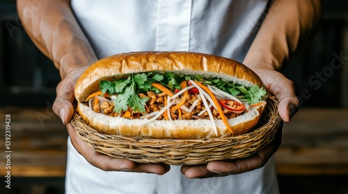A Person Presents a Savory Banh Mi Sandwich in a Basket