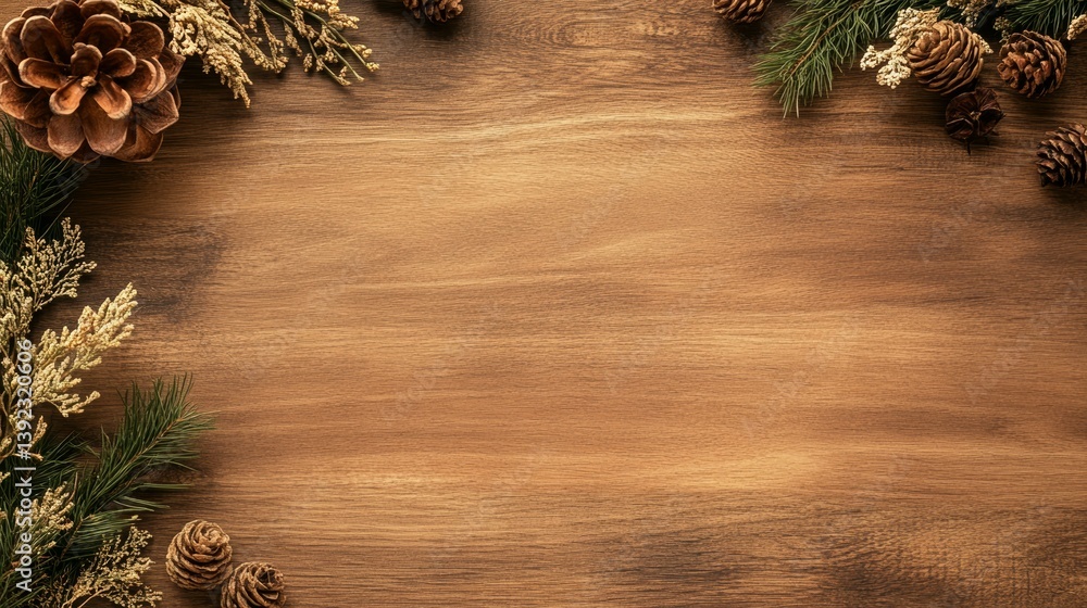 Obraz premium Festive Pine Cones and Greenery Arranged on a Wooden Background