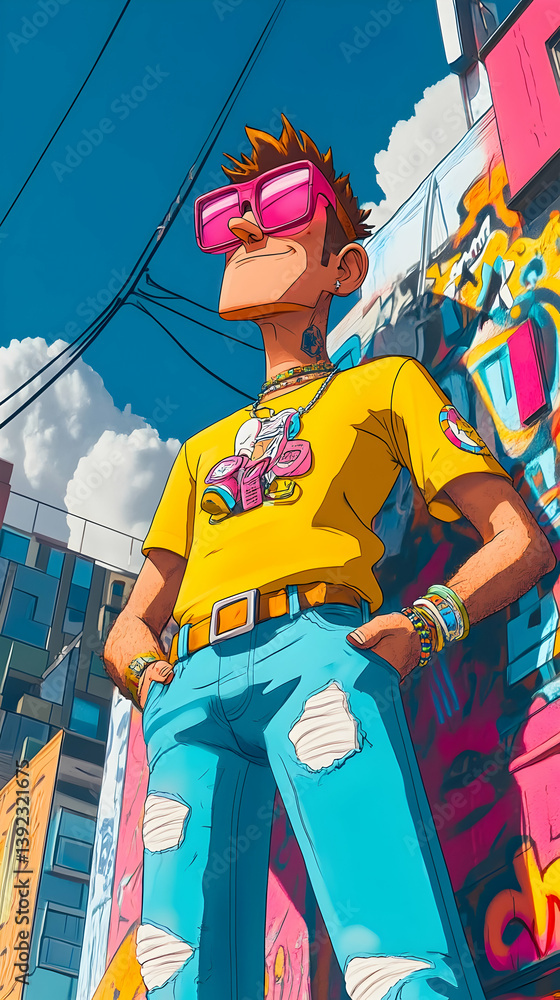 Urban youth expressing individuality through vibrant style in a graffiti-filled neighborhood during daytime Urban youth expressing individuality through vibrant style in a graffiti-filled neighborhood during daytime