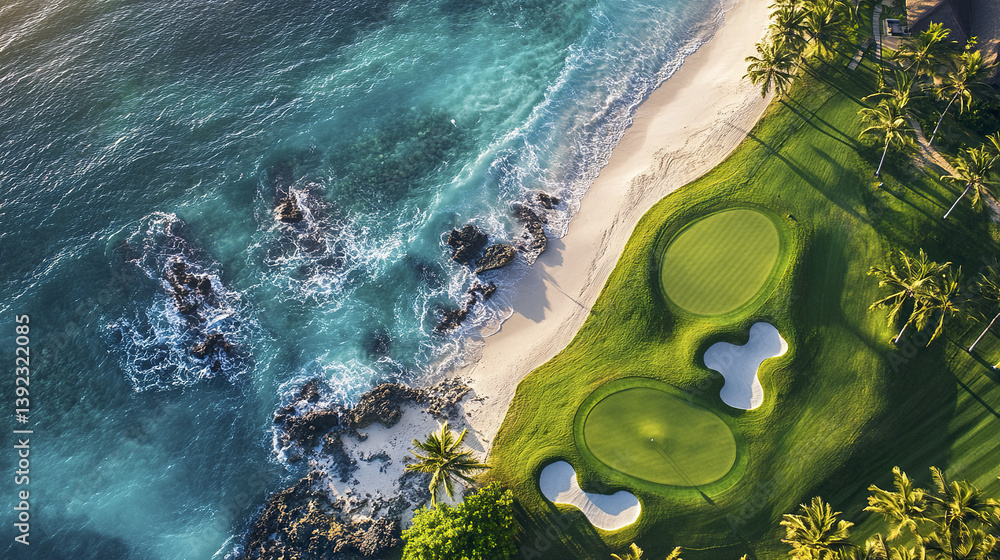 Aerial view of golf course by ocean with palm trees and sand