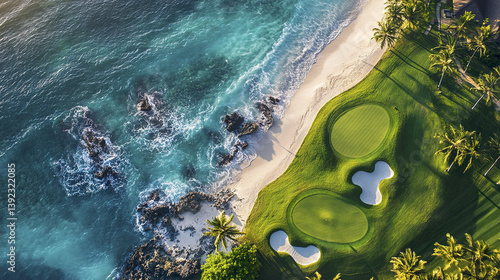 Obraz na płótnie Aerial view of golf course by ocean with palm trees and sand w salonie