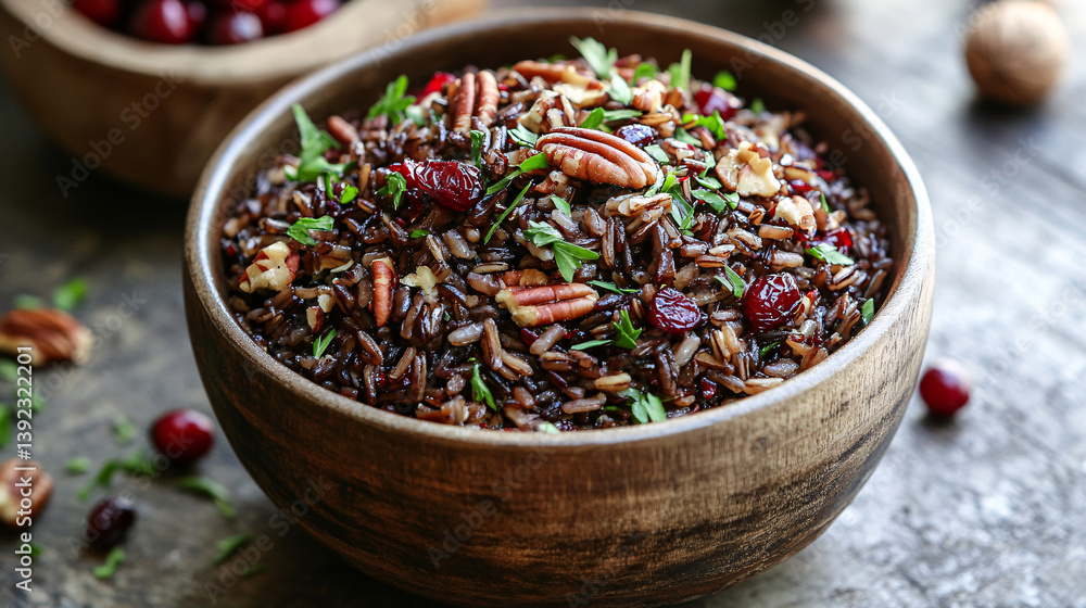 Wild rice pilaf garnished with cranberries and toasted pecans in rustic bowl Wild rice pilaf garnished with cranberries and toasted pecans in rustic bowl