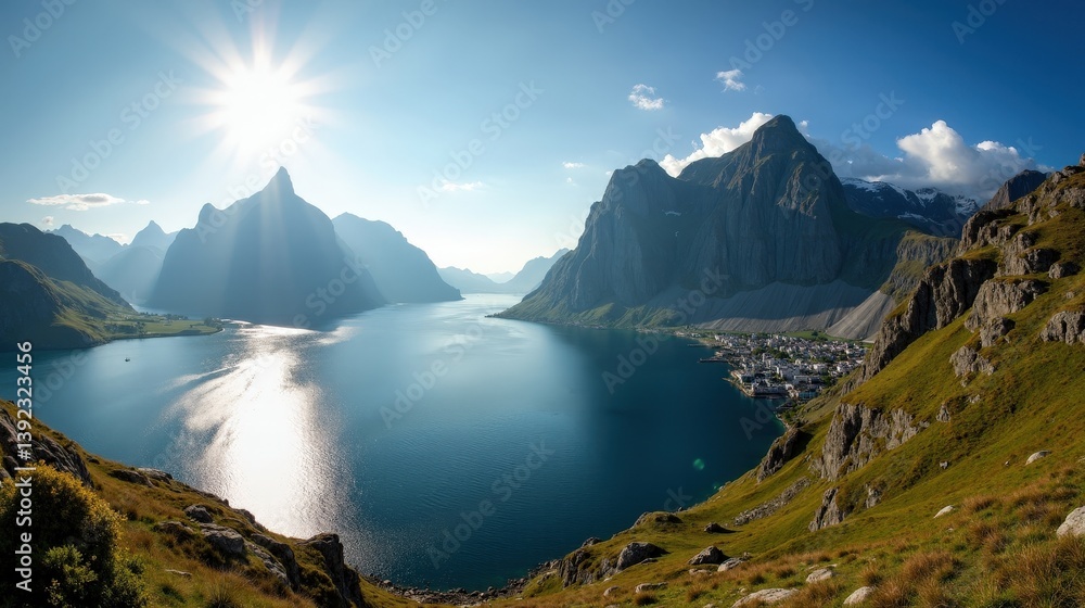 Fototapeta premium Striking photo of Norway landscape at mid-day, sunny weather, shot from a panoramic perspective.