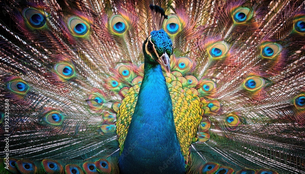 Obraz premium Peacock's Vibrant Display: Witness the mesmerizing beauty of a peacock in full display, its iridescent feathers creating a kaleidoscope of color and pattern.
