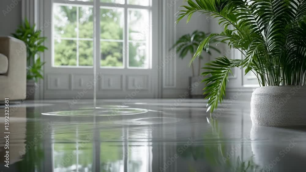 Bright interior scene with a flooded floor, reflecting the exterior trees through the window, alongside a potted palm plant. Bright interior scene with a flooded floor, reflecting the exterior trees through the window, alongside a potted palm plant.