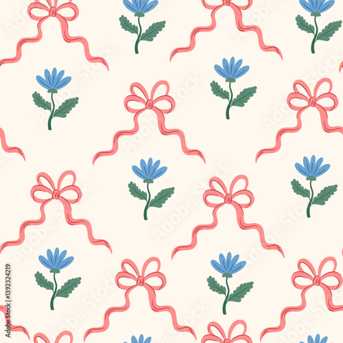 Coquette trellis floral seamless pattern with bows and ribbons. Preppy floral bouquet background. Vector botanical elegant trendy print. Vintage design for fabric, wallpaper or wrapping paper. 