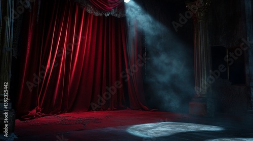 Dark stage, red curtain, spotlight, ruins, mystery