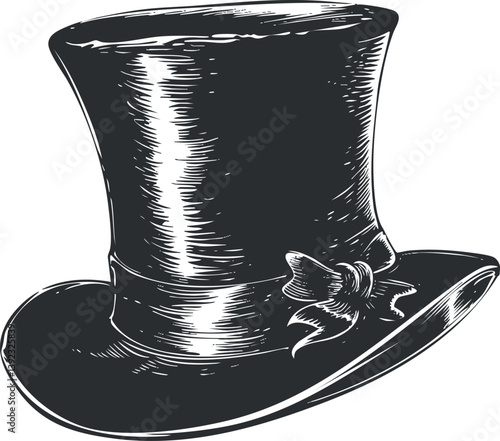 Vintage black and white illustration of a classic top hat with elegant design and details.