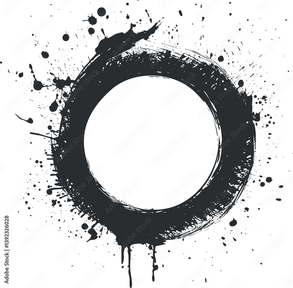 Abstract black ink circle with splatters on a white background, creating a grunge effect.