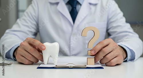 Dentist Holding Tooth Model and Question Mark: Dental Consultation Concept AI Generated