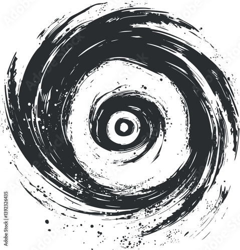 Abstract black and white swirl design with bold brushstrokes and dynamic circular patterns.
