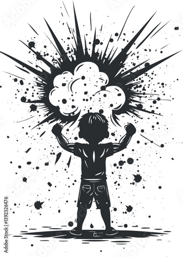 Silhouette of a child with an abstract explosion background in black and white art style.
