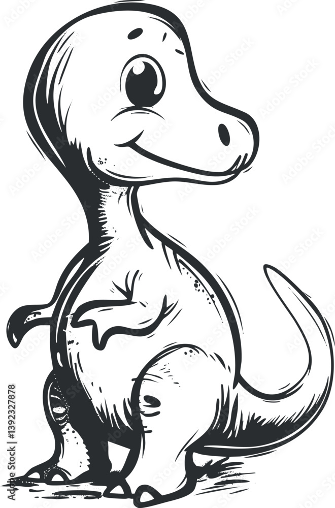 Obraz premium Cute cartoon dinosaur illustration in black and white sketch style, featuring a playful pose.