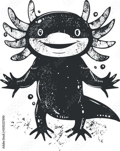 Black and white illustration of a whimsical axolotl with fins and a playful expression.