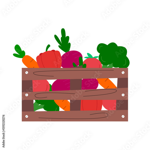 Vector illustration of a box filled with fresh vegetables including carrots, tomatoes, and greens isolated on white background