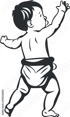 Silhouette illustration of a baby standing and reaching up, wearing a diaper, in black and white.