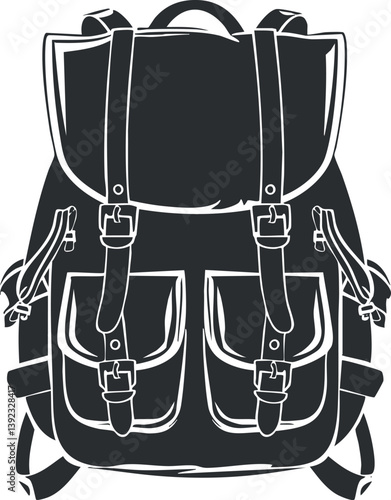 Illustration of a classic backpack with buckles and pockets, ideal for travel and outdoor activities.