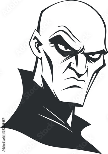 Stylized black and white illustration of a fierce cartoon villain with a menacing expression.