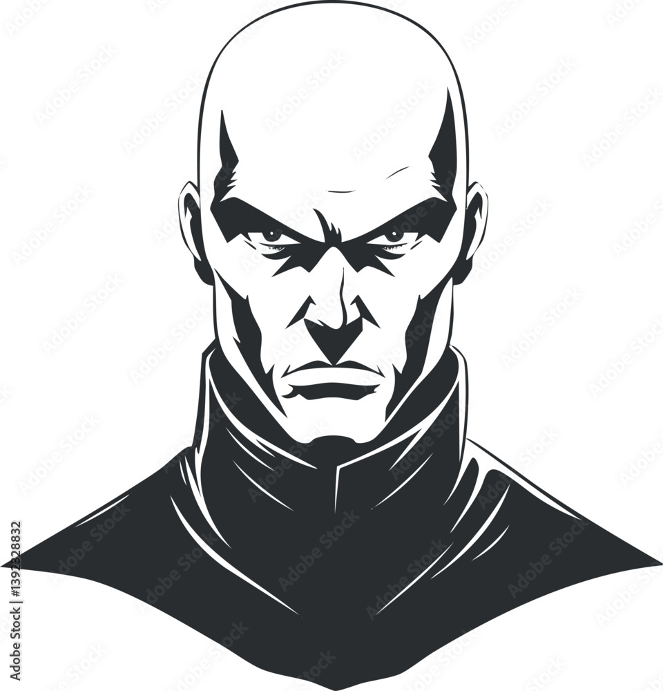 Monochrome illustration of a bald, menacing character with a stern expression and sharp features. Monochrome illustration of a bald, menacing character with a stern expression and sharp features.
