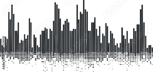 Abstract black and white soundwave equalizer visualization with vertical bars and dotted pattern.