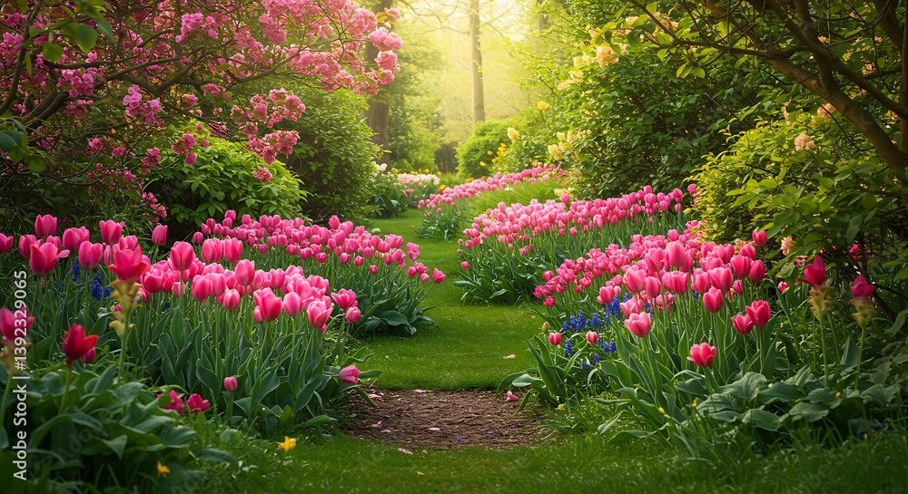Pink Tulip Path: Dawn's Embrace AI Generated Pink Tulip Path: Dawn's Embrace AI Generated
